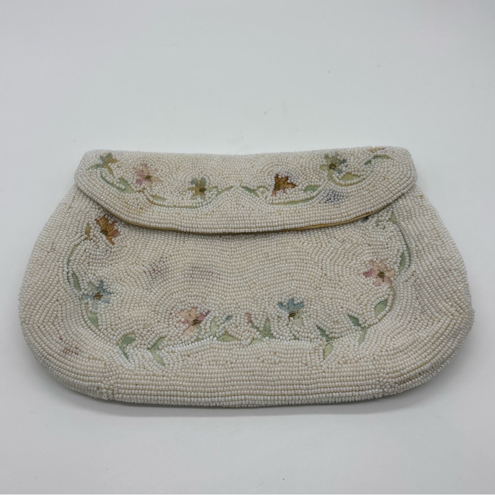 Antique Beaded Clutch Purse Floral Silk Embroidery Made In Japan 8.5”x5.5”